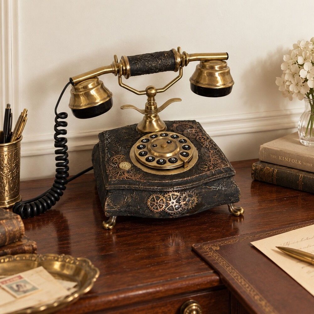 Vintage Style Victorian Steampunk Rotary Telephone Brass Black Antique Decor